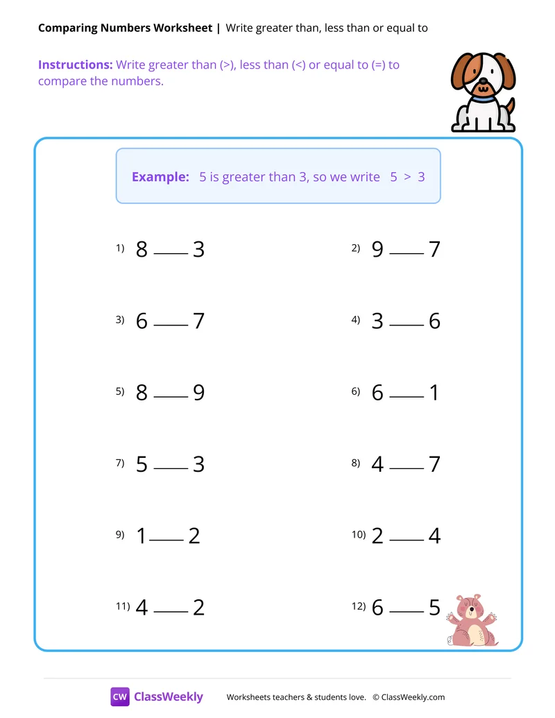 Comparing Numbers - Puppy worksheet preview