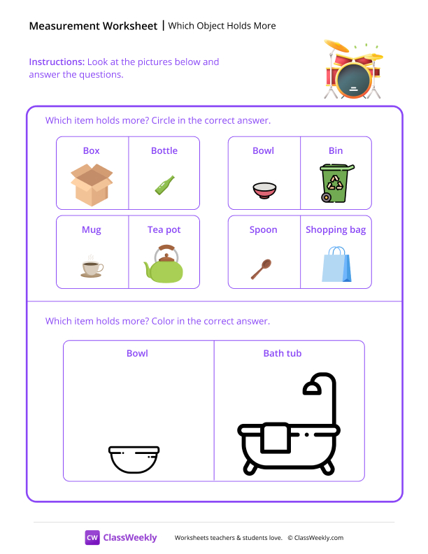 Which Object Holds More - Drum Set worksheet preview