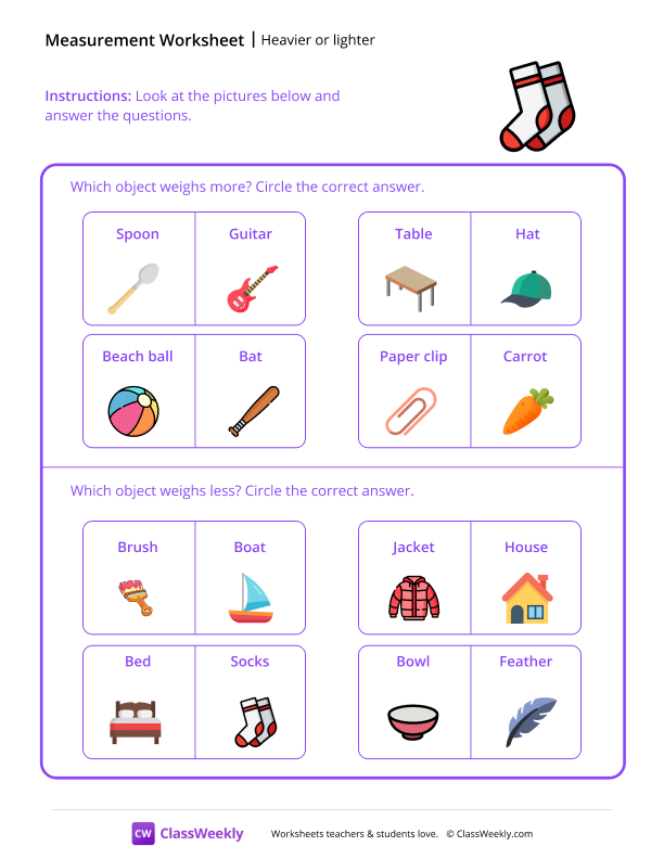 Which object is heavier (or lighter) - Socks worksheet preview