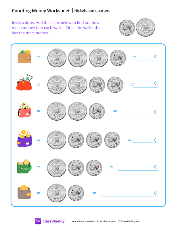 Counting Money - Nickels and Quarters worksheet preview