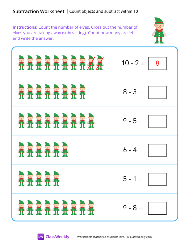 Count objects and subtract within 10 worksheet preview