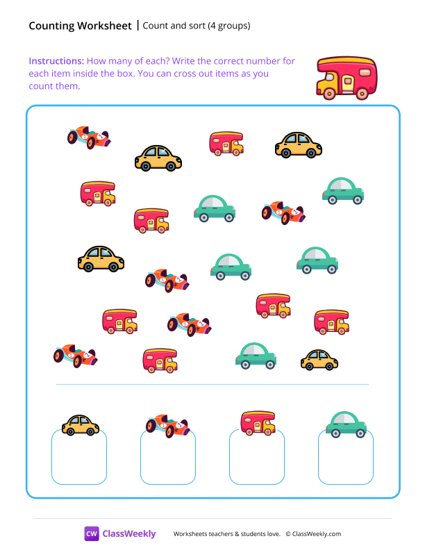 Count and sort (4 groups) worksheet preview