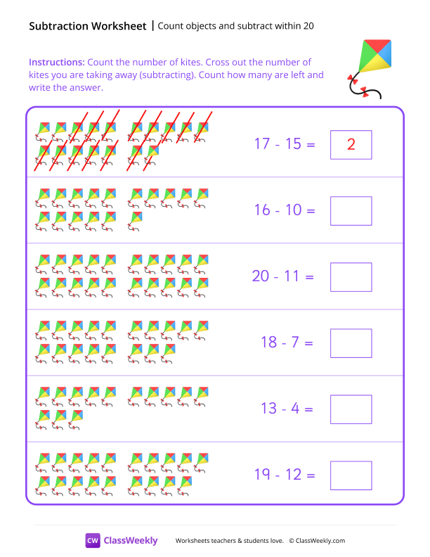 Count objects and subtract within 20 - Kite worksheet preview