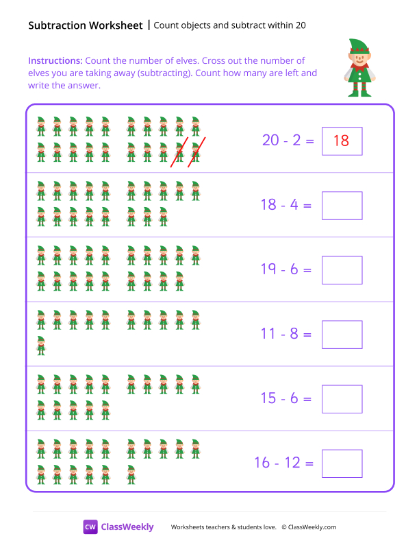 Count objects and subtract within 20 worksheet preview