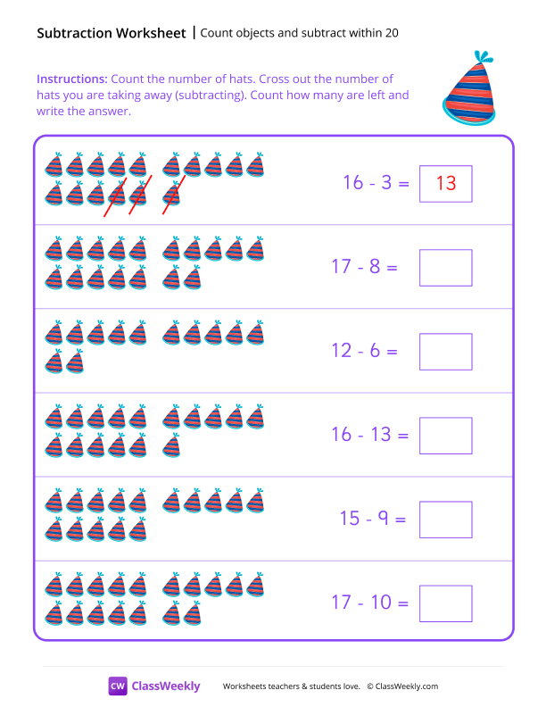 Count objects and subtract within 20 - Party Hat worksheet preview