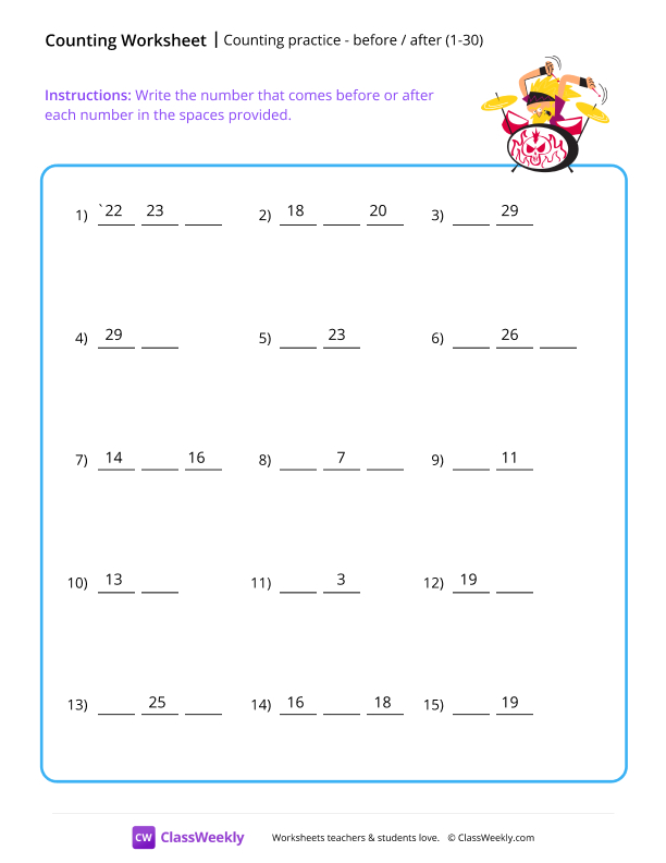 What comes before or after (1-30) - Drums worksheet preview