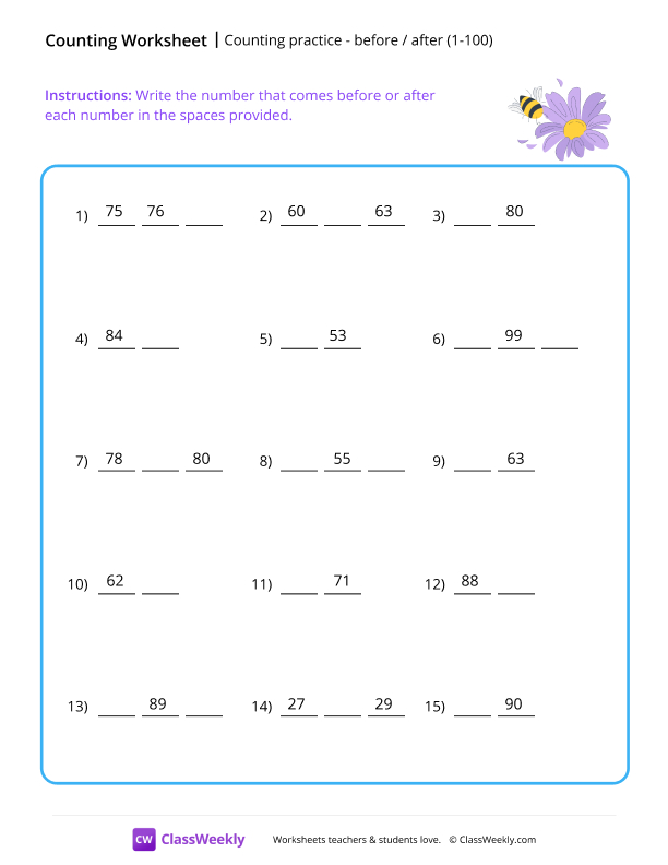 What comes before or after (1-100) - Bee worksheet preview