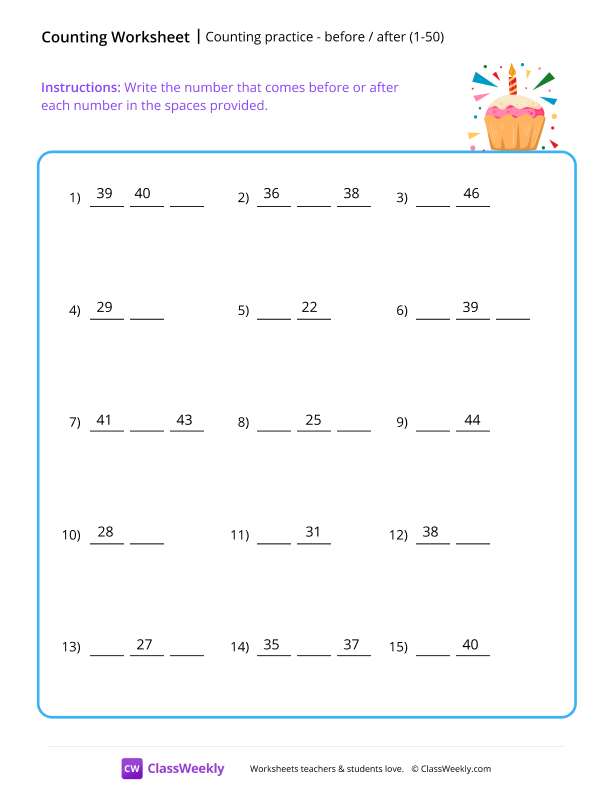 What comes before or after (1-50) - Cupcake worksheet preview