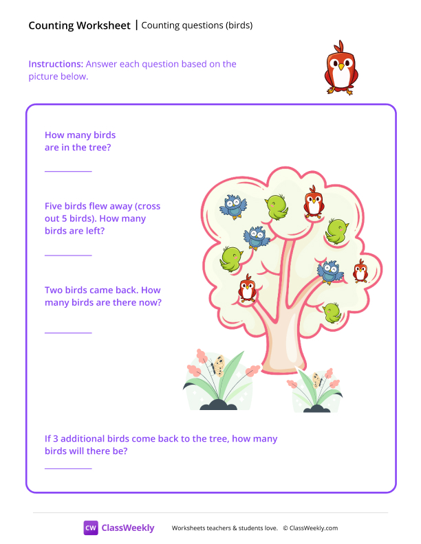 Counting questions (birds) - Red Bird worksheet preview