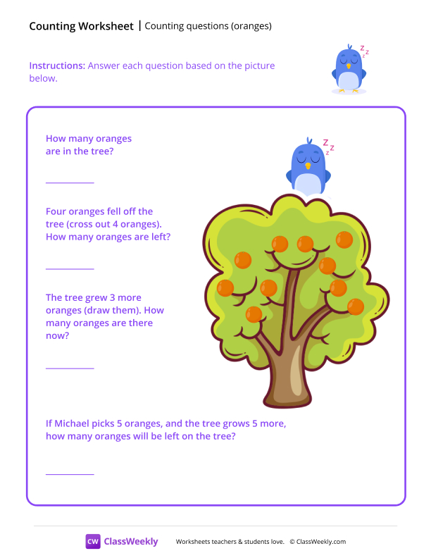Counting questions (oranges) - Blue Bird worksheet preview