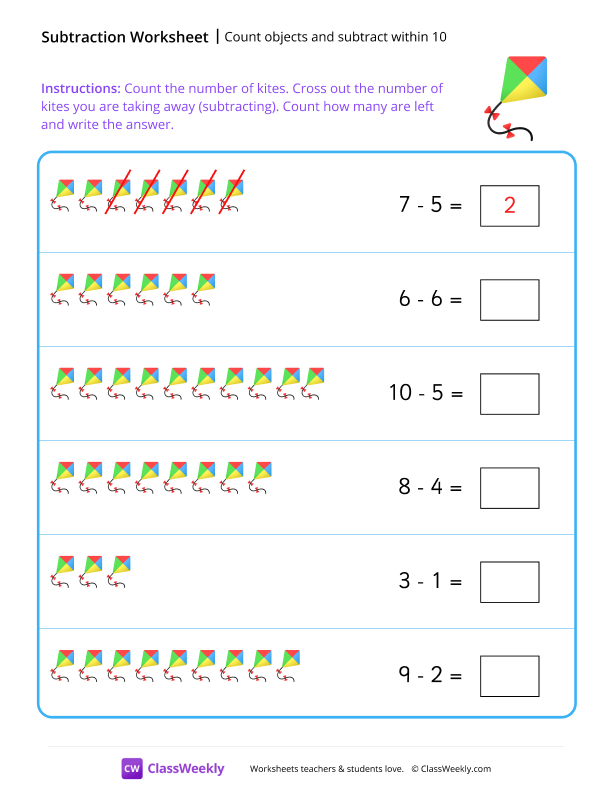 Count objects and subtract within 10 - Kite worksheet preview