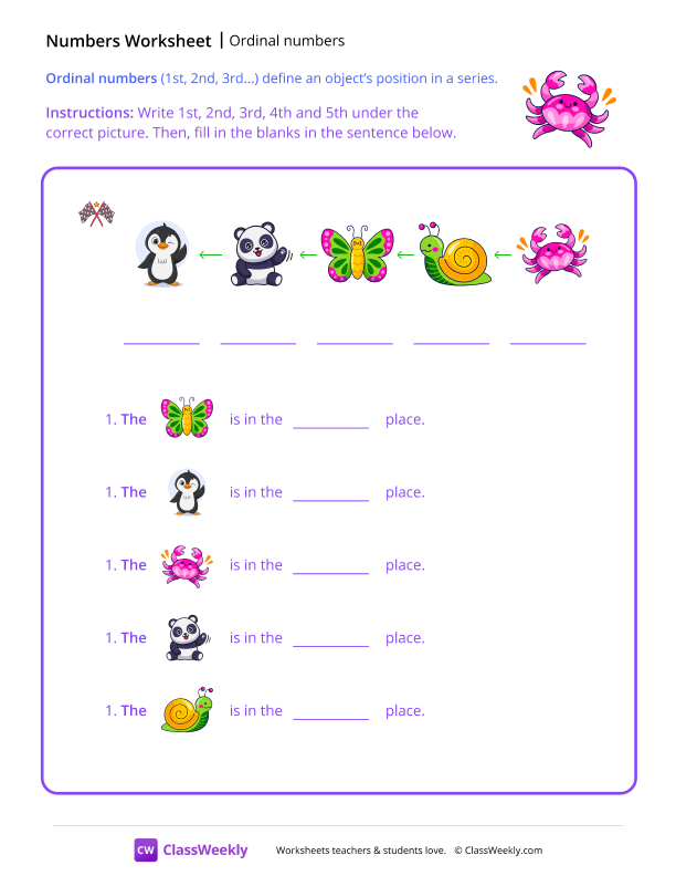 Ordinal Numbers - Pink Crab worksheet preview