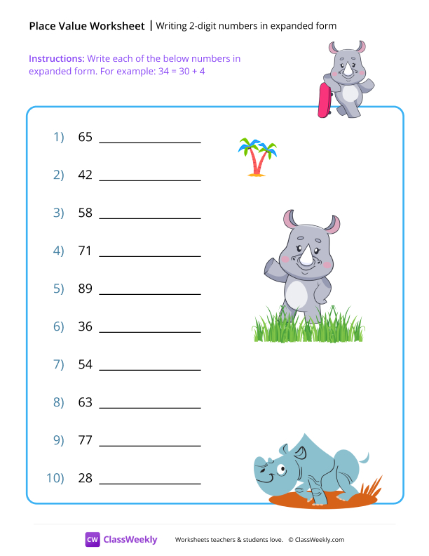 Writing 2-digit numbers in expanded form - Rhino worksheet preview