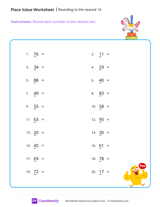 Rounding to the nearest 10 - Merry-go-round worksheet preview