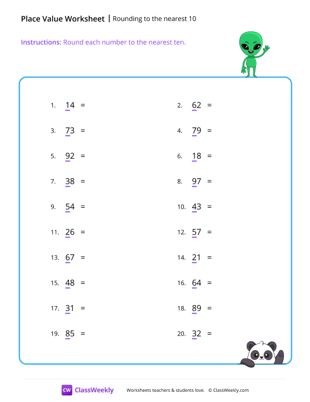 Rounding to the nearest 10 - Alien worksheet preview