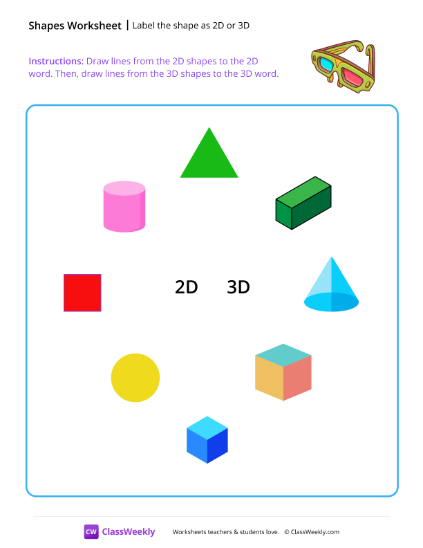 Label the shape as 2D or 3D - Glasses worksheet preview