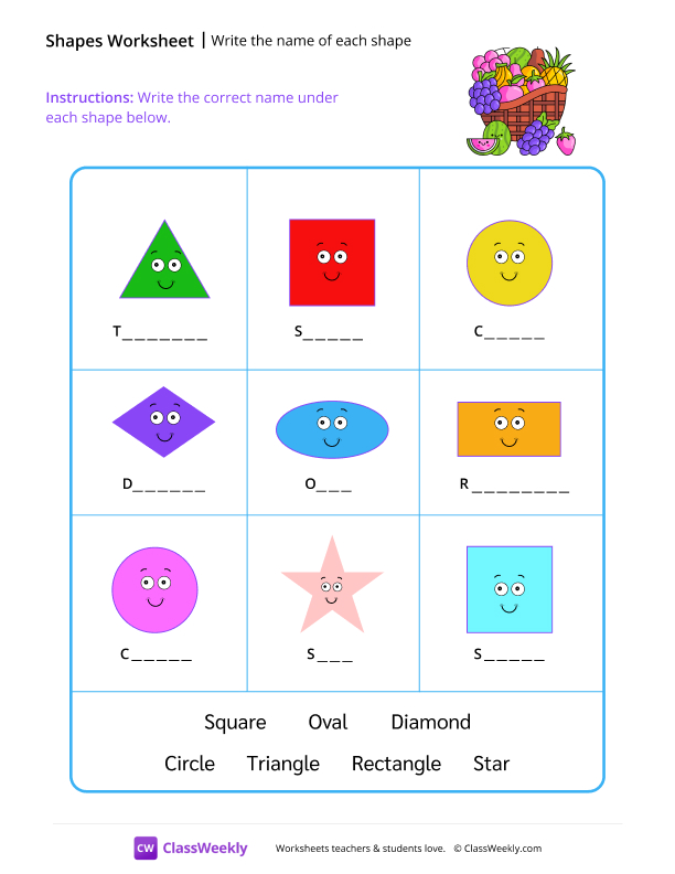 Write the name of each shape - Fruit Basket worksheet preview