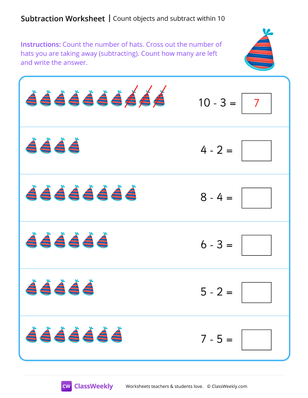 Count objects and subtract within 10 - Hat worksheet preview