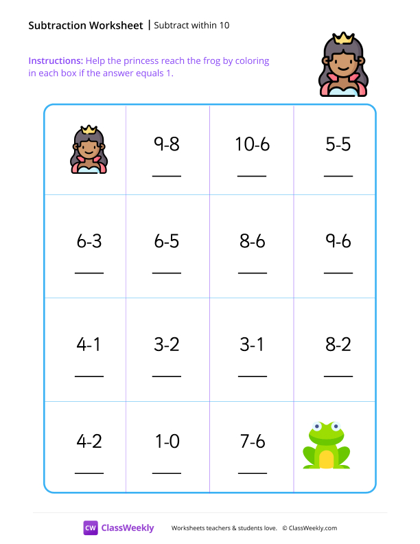 Subtract within 10 worksheet preview
