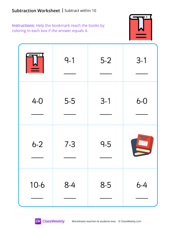 Subtract within 10 worksheet preview