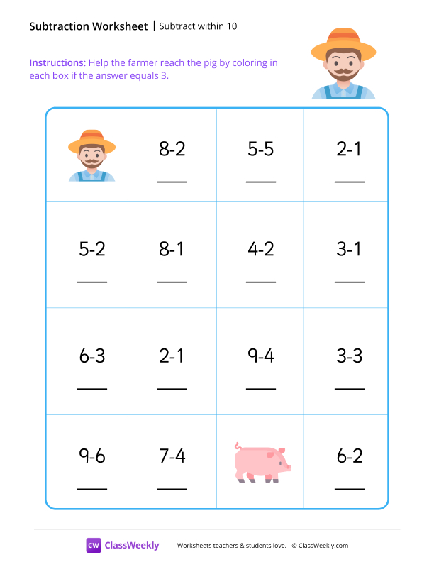Subtract within 10 - Farmer worksheet preview