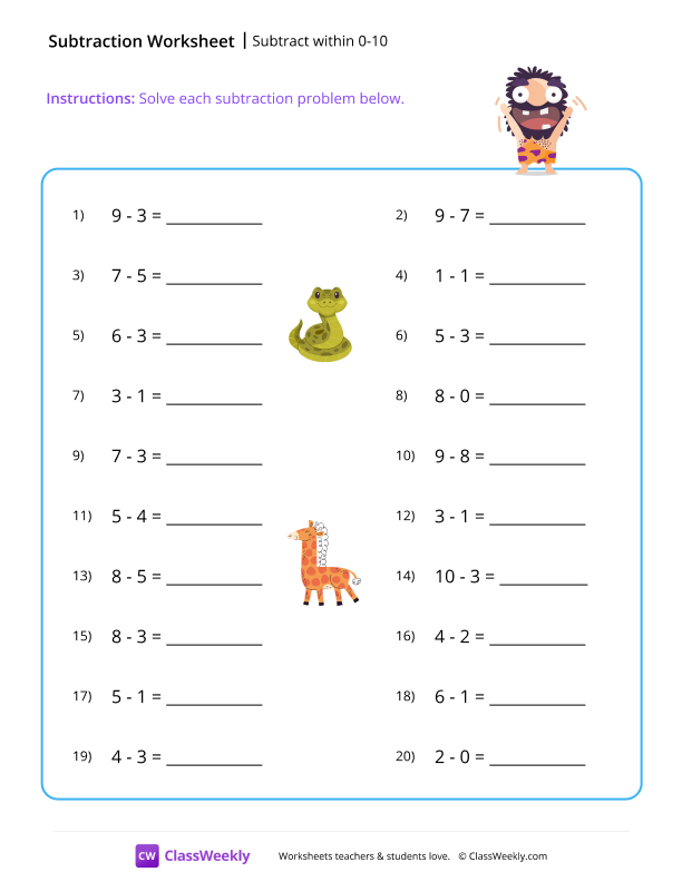 Subtract within 0-10 - Wave worksheet preview