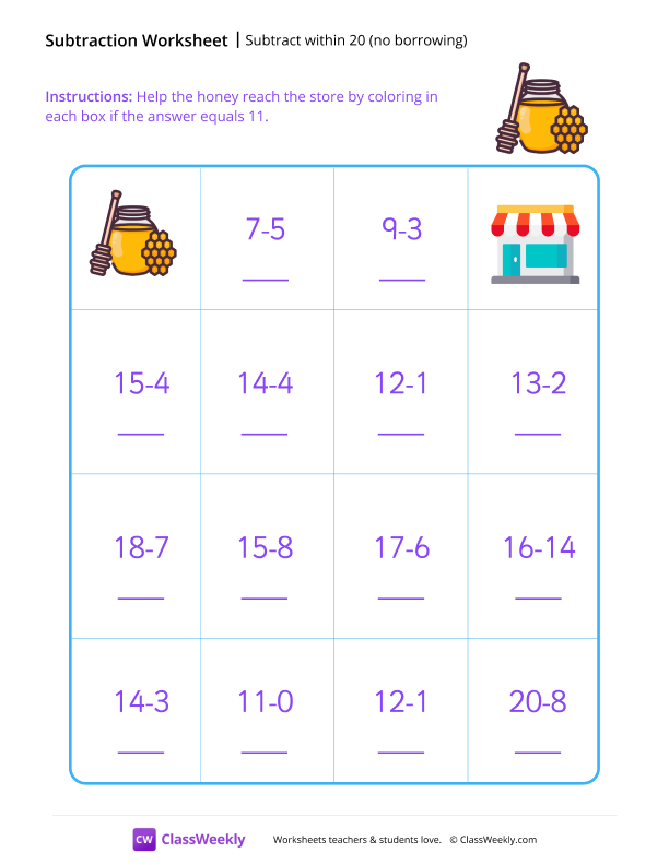 Subtract within 20 (no borrowing) worksheet preview