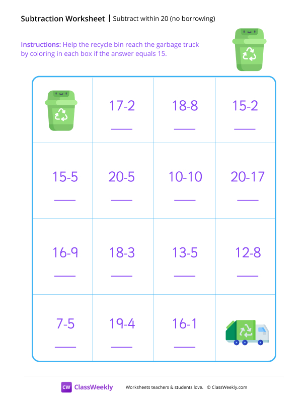 Subtract within 20 (no borrowing) - Recycle worksheet preview