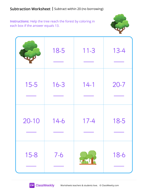 Subtract within 20 (no borrowing) - Tree worksheet preview