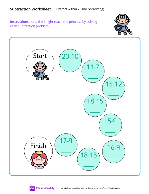 Subtract within 20 (no borrowing) - Knight worksheet preview