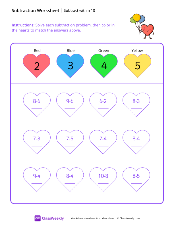 Subtract within 10 - Heart worksheet preview