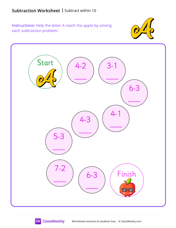 Subtract within 10 - Grade A worksheet preview