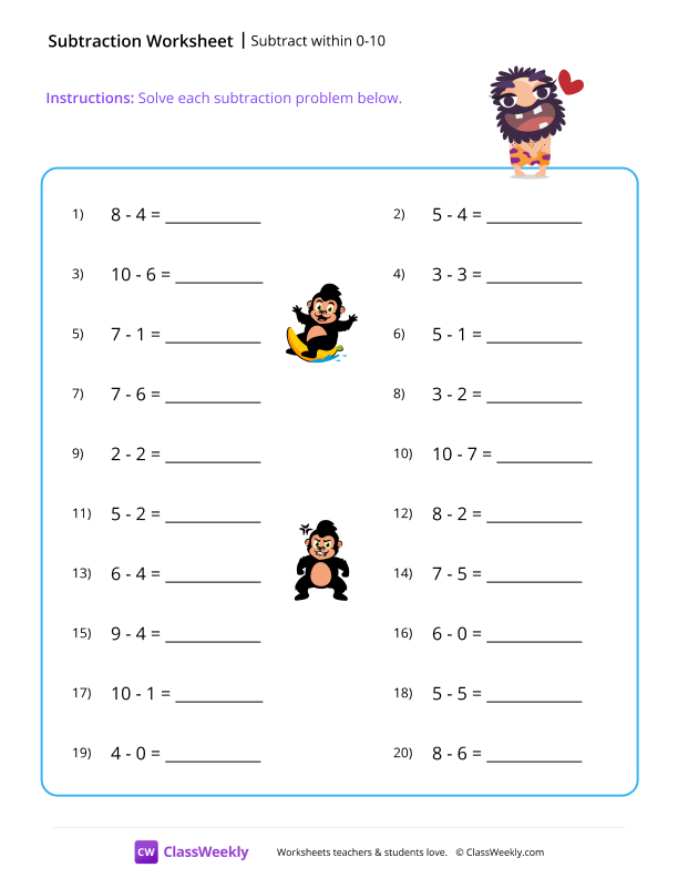 Subtract within 0-10 worksheet preview