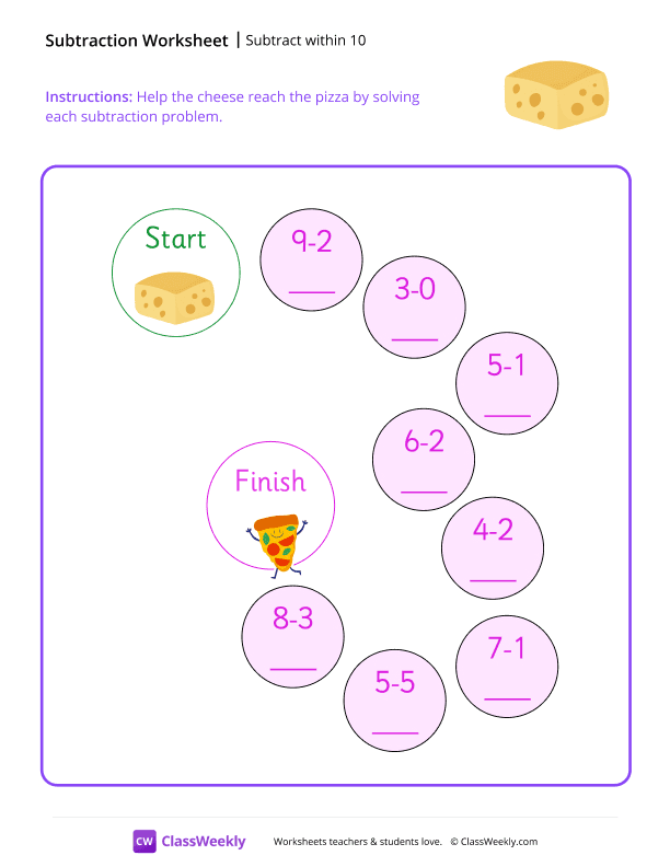 Subtract within 10 - Cheese worksheet preview