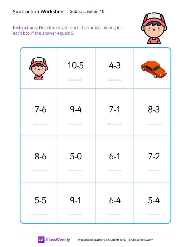 Subtract within 10 worksheet preview