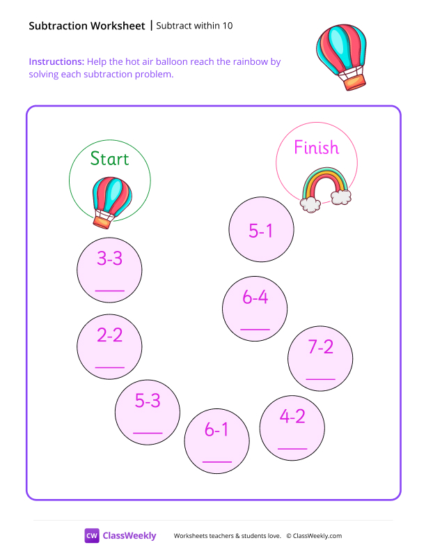 Subtract within 10 - Hot Air Balloon worksheet preview