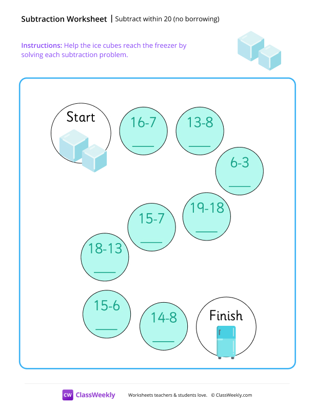 Subtract within 20 (no borrowing) - Ice worksheet preview