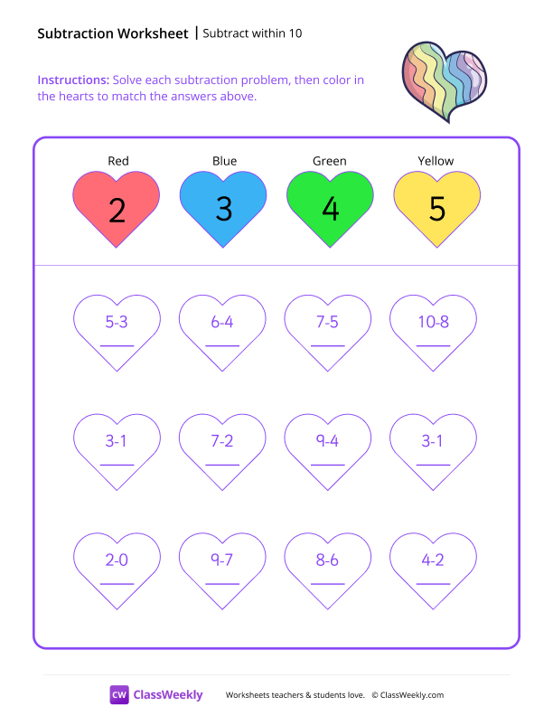 Subtract within 10 - Colorful Heart worksheet preview