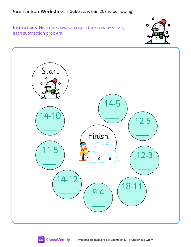 Subtract within 20 (no borrowing) - Snowman worksheet preview