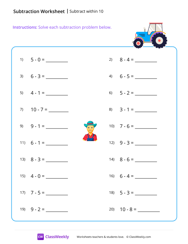 Subtract within 10 - Tractor worksheet preview