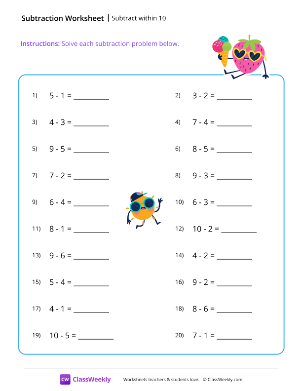Subtract within 10 - Strawberry worksheet preview