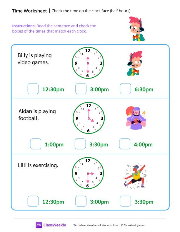 Check the time on the clock face (half hours) - Video Games worksheet preview