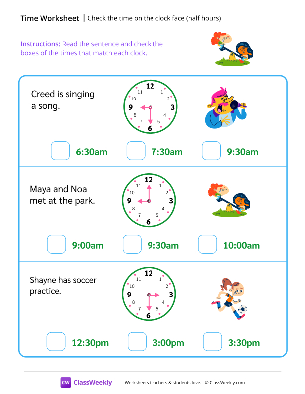 Check the time on the clock face (half hours) - Park Fun worksheet preview