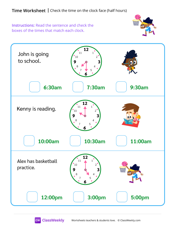 Check the time on the clock face (half hours) worksheet preview