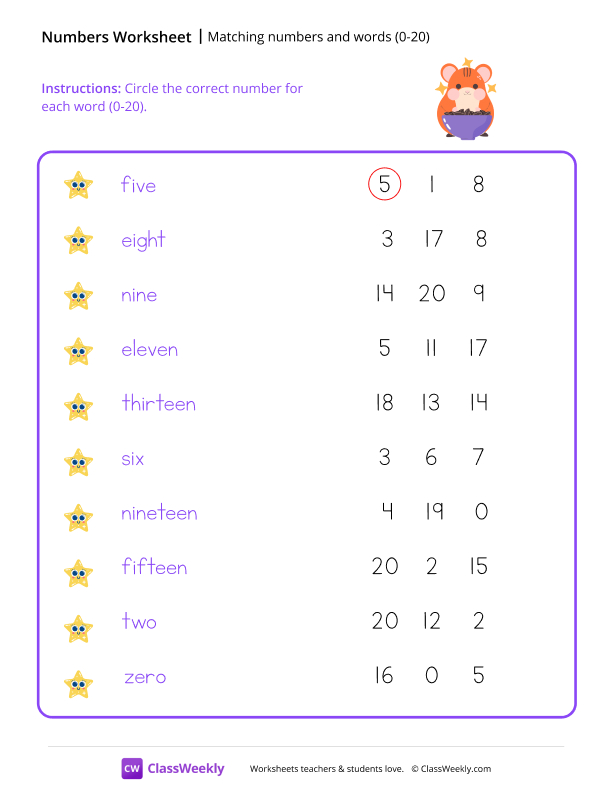 Numbers and Words (0-20) - Hungry Hamster worksheet preview