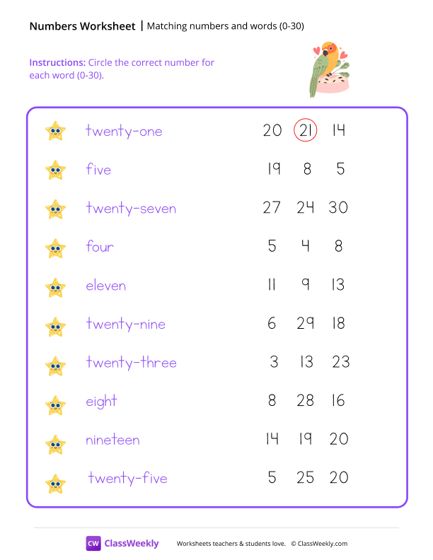 Numbers and Words (0-30) - Lovebird worksheet preview