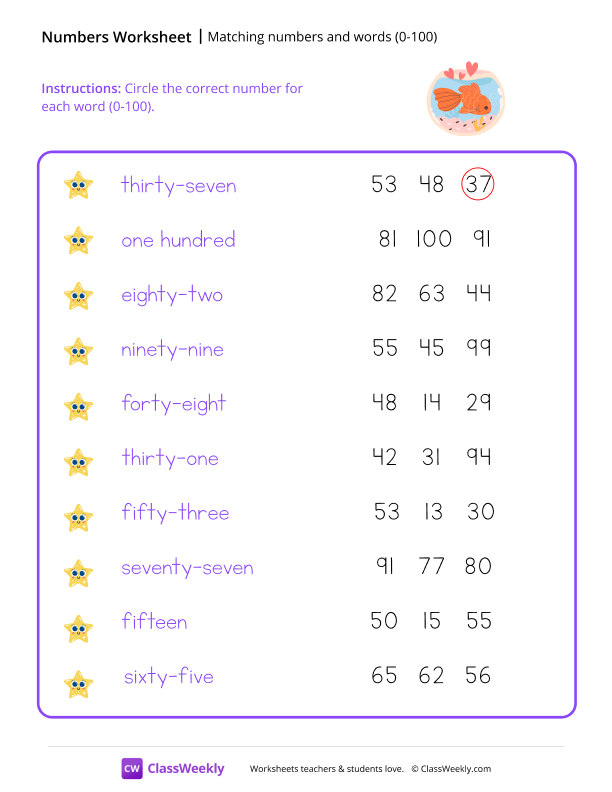 Numbers and Words (0-100) worksheet preview