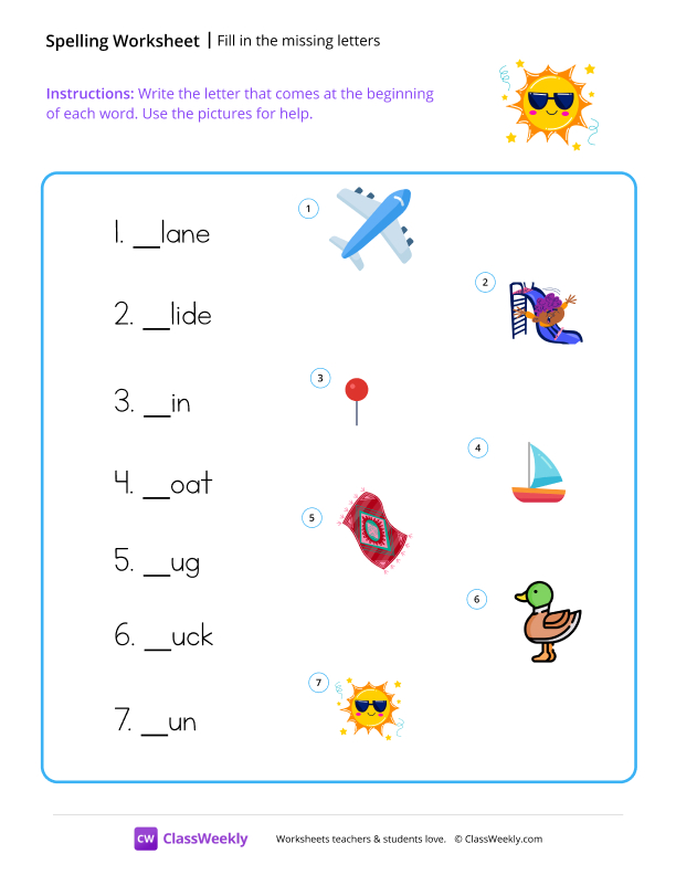 Fill in the missing letters - Sun worksheet preview