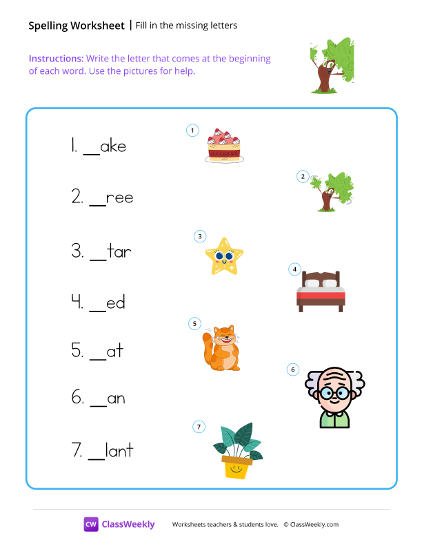 Fill in the missing letters - Tree worksheet preview