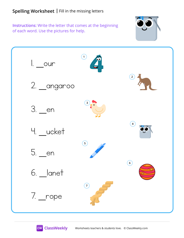 Fill in the missing letters - Bucket worksheet preview
